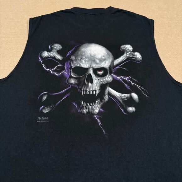 Vintage 2005 Skull Bone Biker Muscle Tee Lightning Skull Tank Top Black L Y2K - Picture 3 of 7